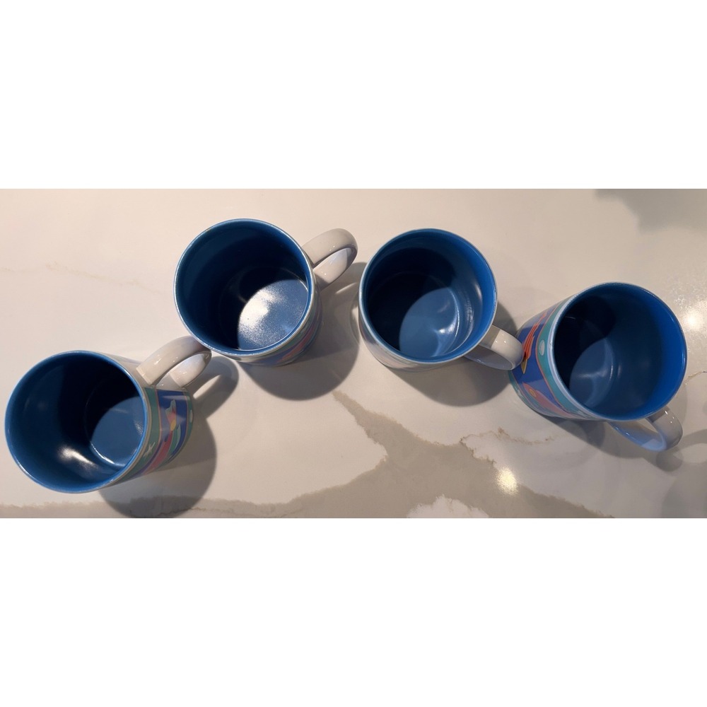 Vintage K.I.C. Tropical Fish Coffee Mugs Set of 4 Blue Ceramic Nautical Ocean - Picture 3 of 8